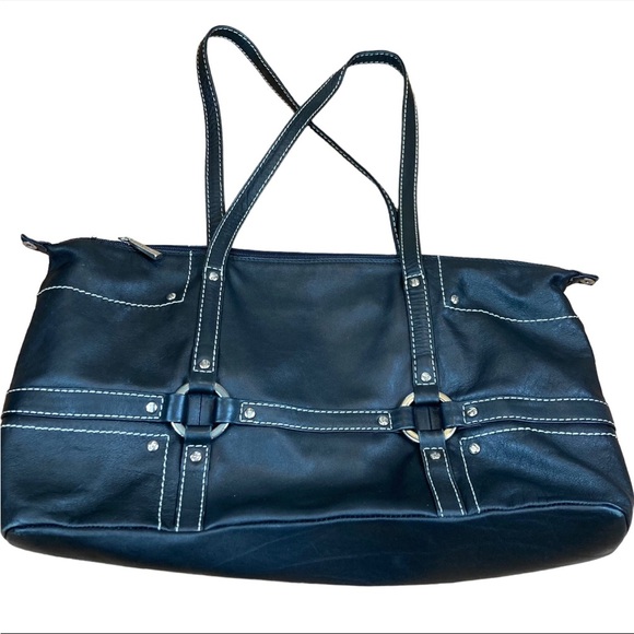Marco Buggiani Black Leather Stitched Tote Made in Italy NWOT - Picture 1 of 12